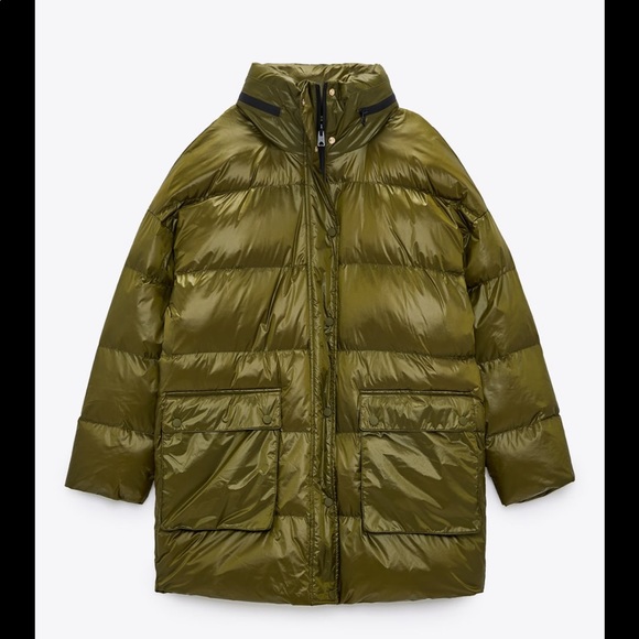 ❌SOLD❌ ZARA PATCH POCKET PUFFER COAT GREEN LARGE JACKET - Picture 5 of 7